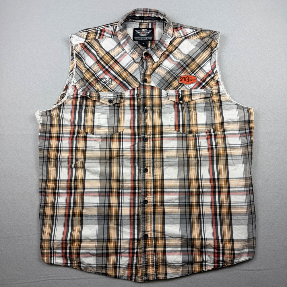 Harley Davidson Men's 3XL Sleeveless Check‎ Plaid Orange Black SYN3 Biker Shirt